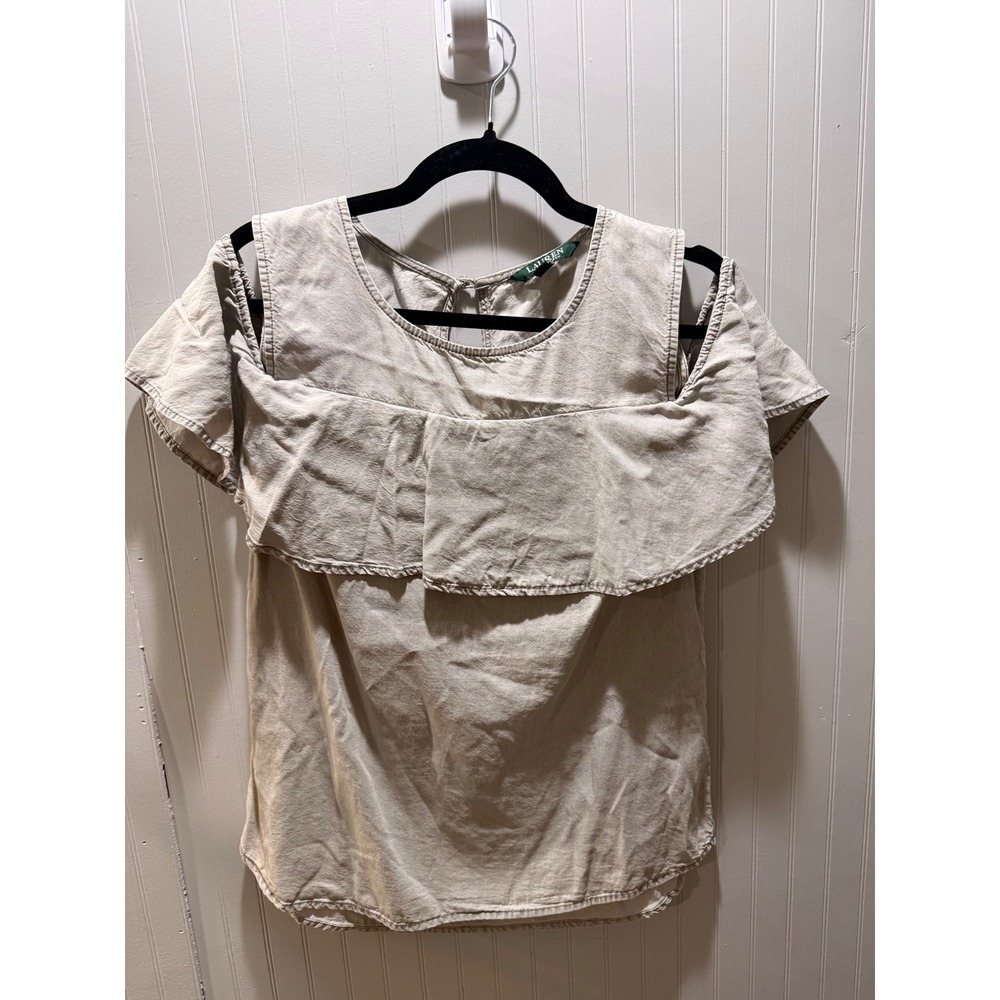 Lauren Ralph Lauren Tan Cold Shoulder Ruffle Blouse Khaki Top Mens Size M